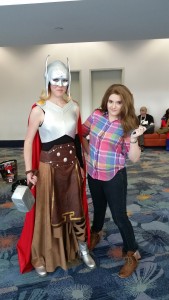 Editor Amy [Thor] poses with a Jane Foster cosplayer.